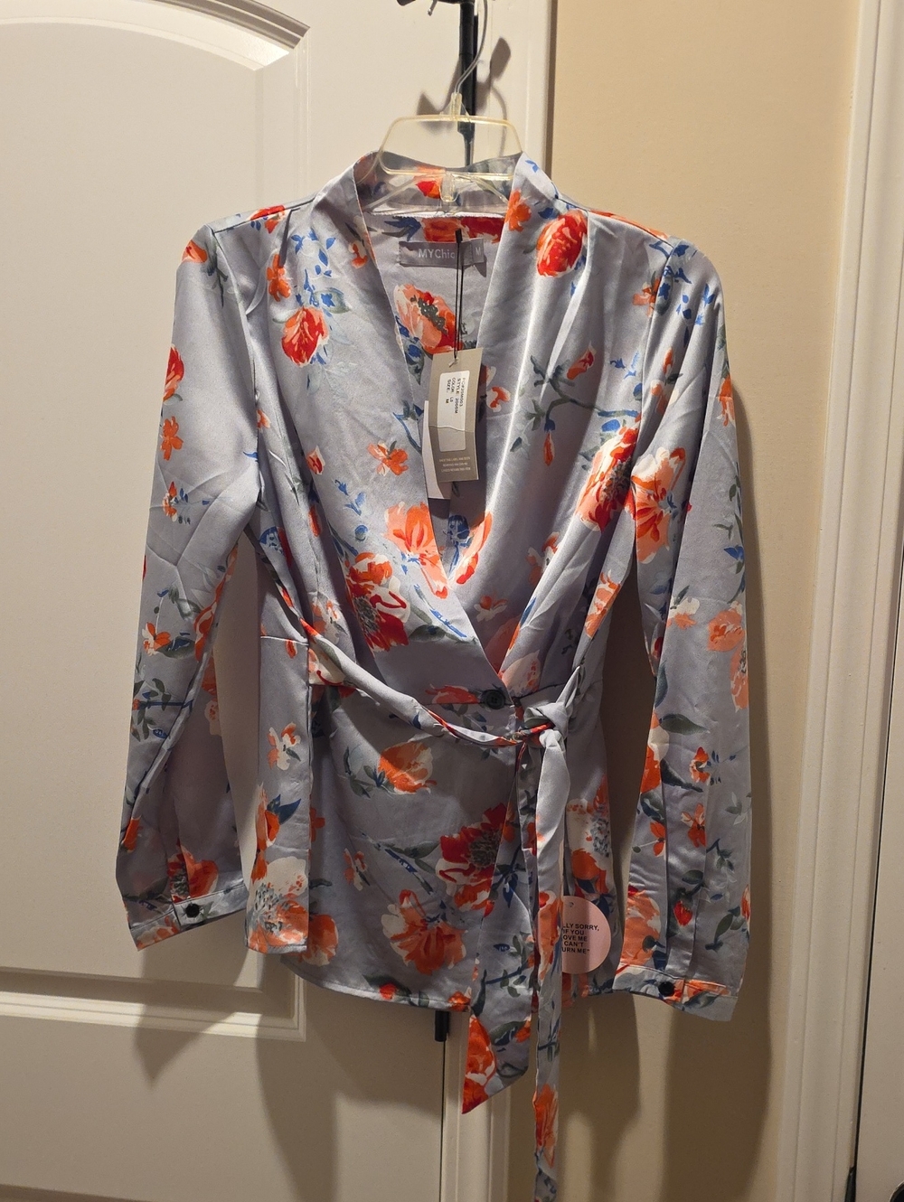 NWT Chic Sky Blue Floral Wrap Blouse with Coral Accents